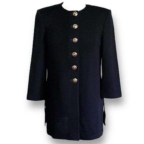St John Womens Santana Knit Jacket Sz Petite Black Gold Lion Crest Button Blazer - Picture 1 of 9